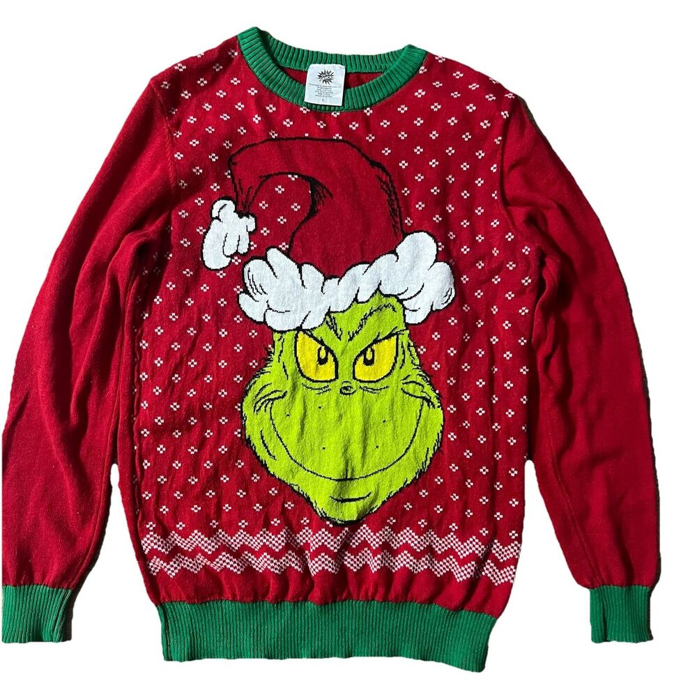The Grinch Christmas Sweater Size Large Classic Green Retro Design Long Sleeve